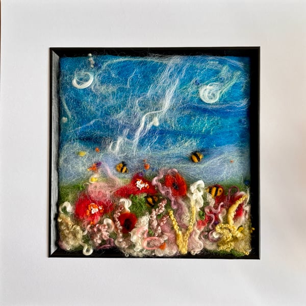 'A Soft Summers Breeze' Needle felted picture with bees and poppies