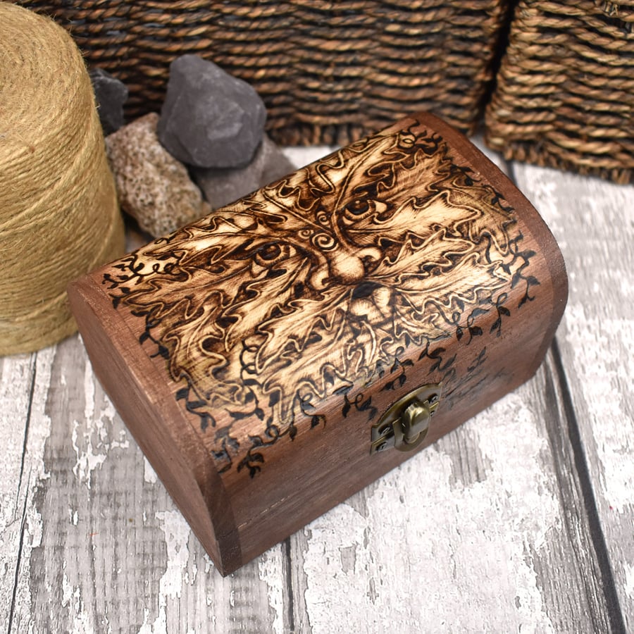 Rustic chest shaped pyrography greenman jewellery box, treasure keeper.