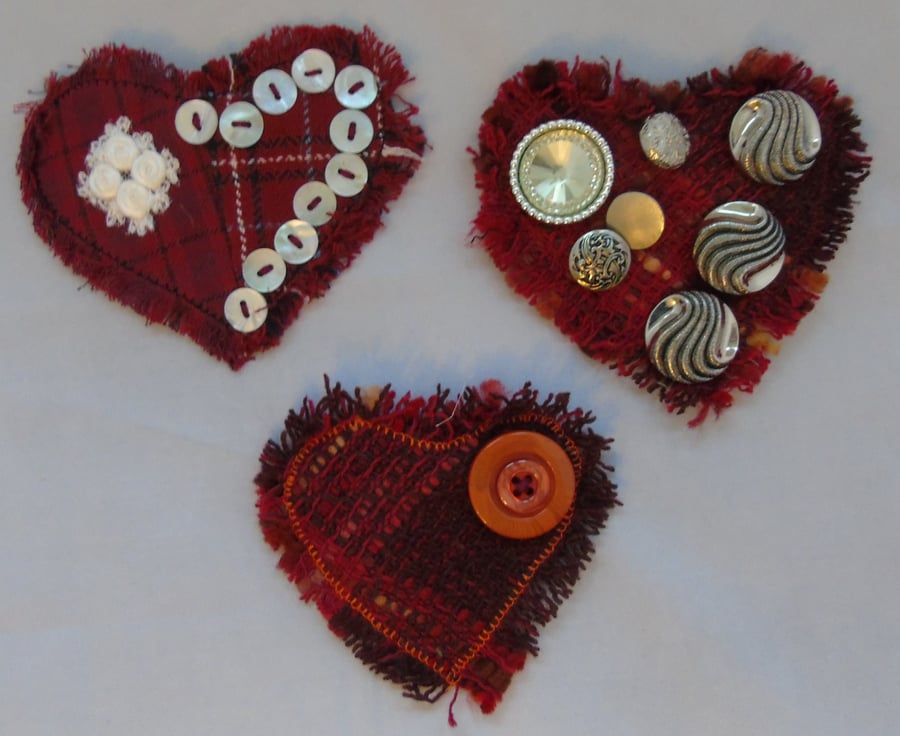 Fabric Brooch - Red Tweed Heart