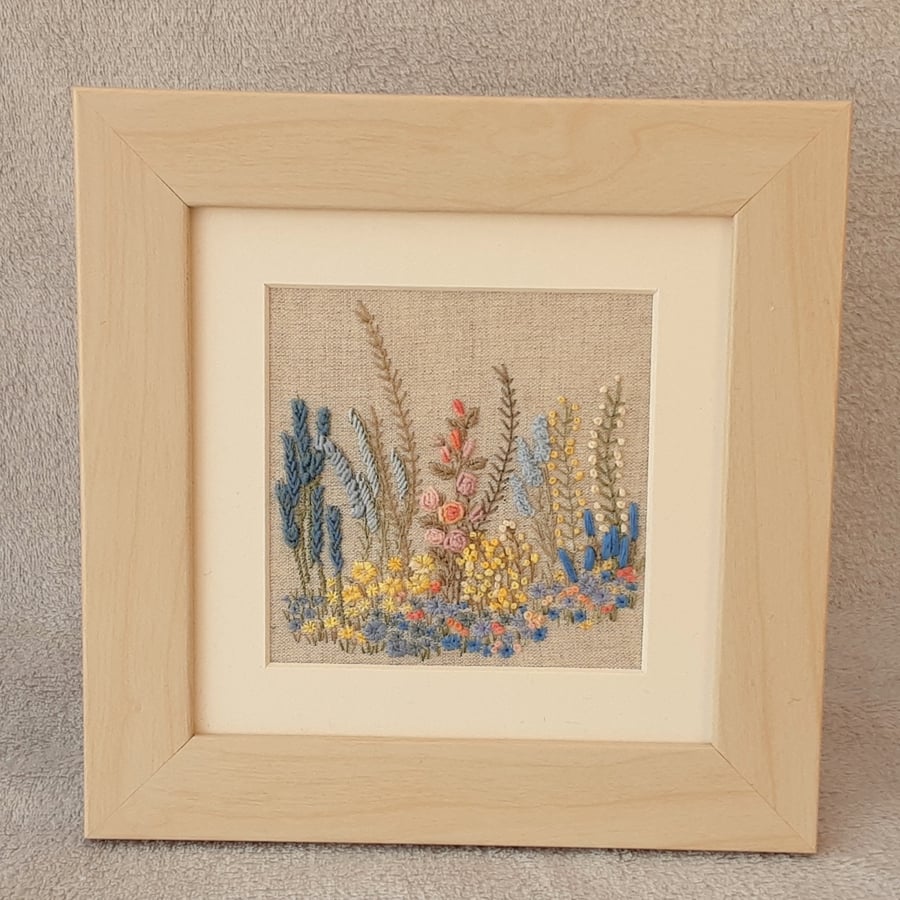 SOLD Commission Hand Embroidery of a Spring Garden border, embroidered picture