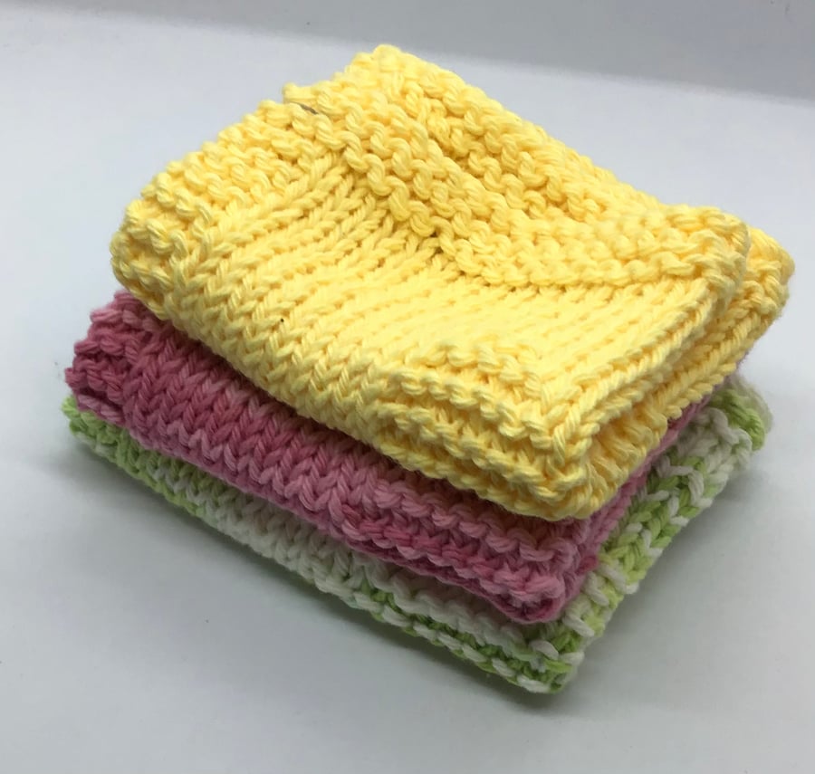 Hand Knit Cotton Dishcloth Bundle of 3