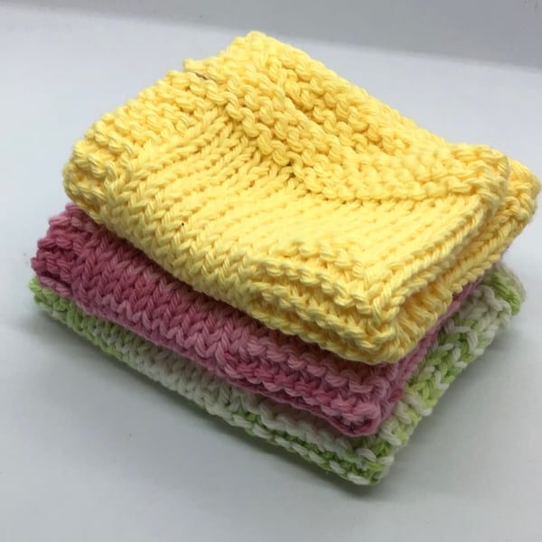 Hand Knit Cotton Dishcloth Bundle of 3