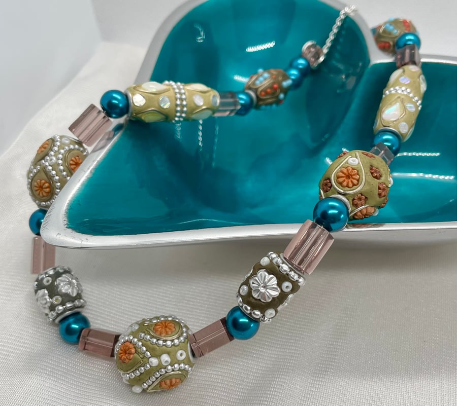 Indonesian Bead Style Necklace Teal Pearls