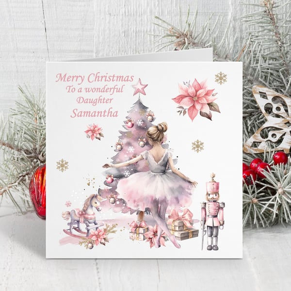 Ballet Dancer & Soldier Nutcracker Personalised Christmas Card. Pink