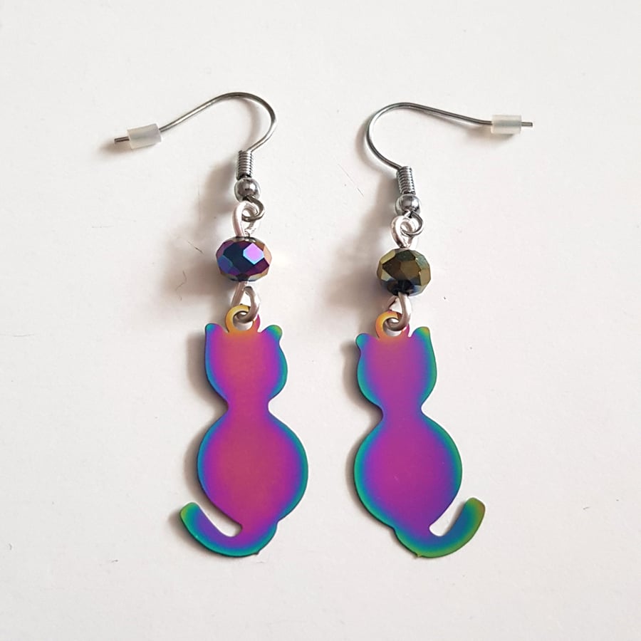 Rainbow Cat Earrings - Iridescent Kitty Dangle Earrings