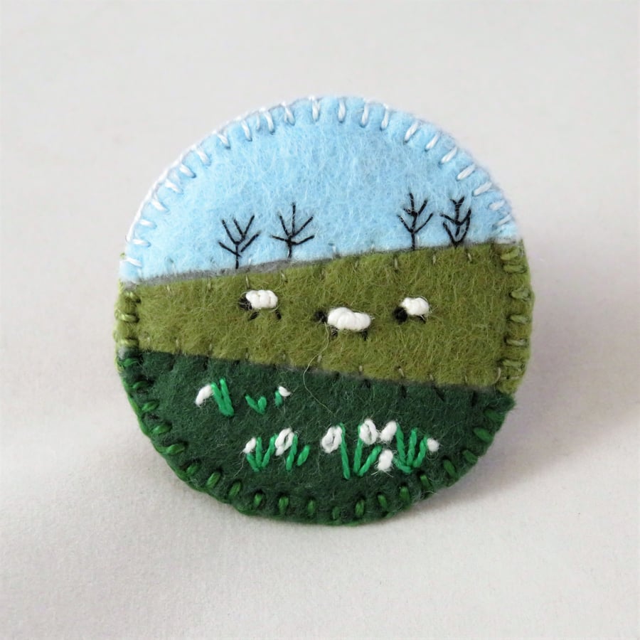 Sheep and Snowdrops - Embroidered round felt brooch