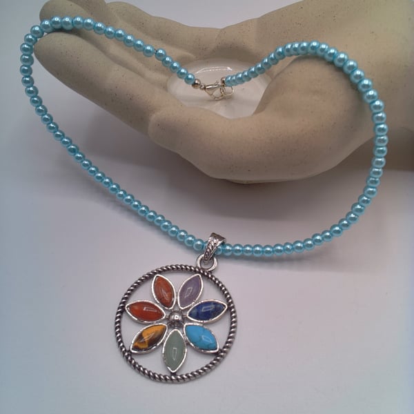 Floral Chakra Pendant on a Pale Blue Pearl Choker Necklace, Gift for Her, Choker