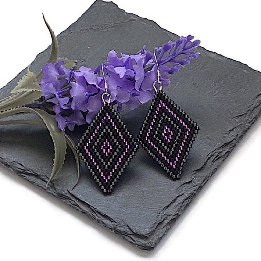 Sterling Silver Pink and Black Peyote Diamond Earrings