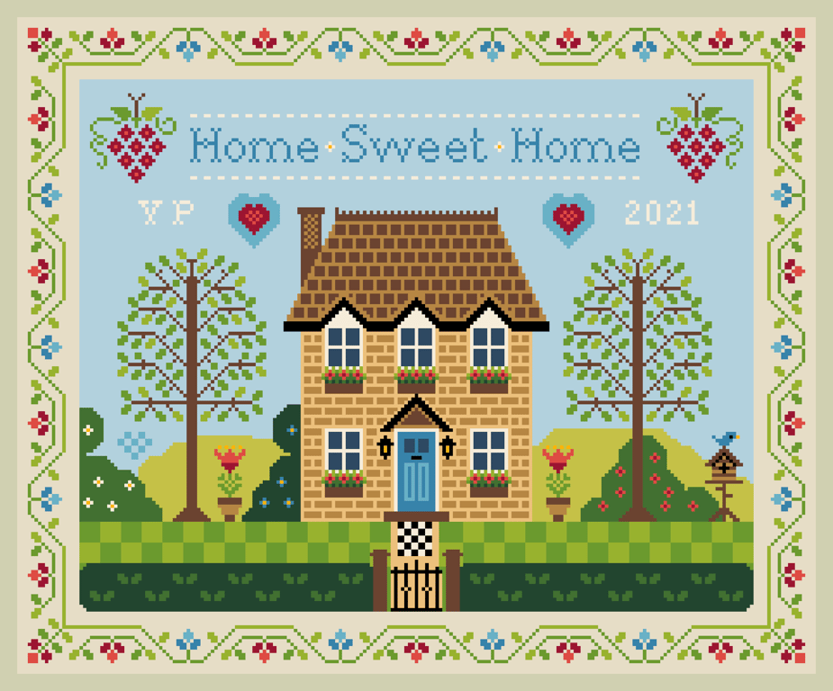 215A - Cross Stitch Quaker Sampler - Home Sweet Home - Modern Folk Art design