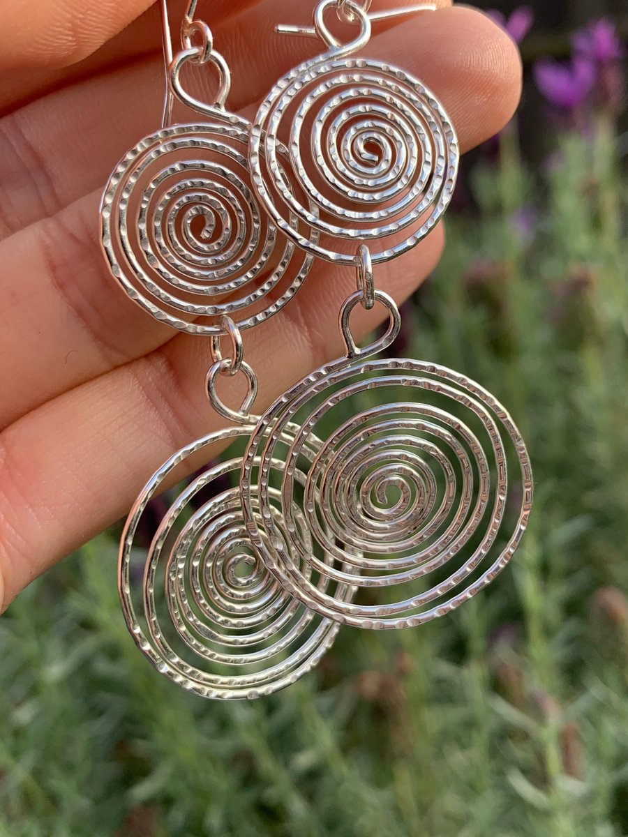 Silver Large Spiral Earrings - Handmade Long Drop Swirls - Labyrinth