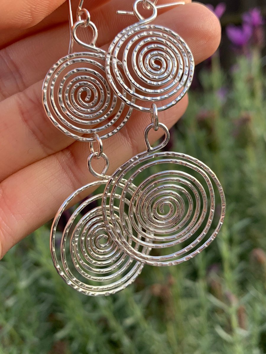 Silver Large Spiral Earrings - Handmade Long Dr... - Folksy