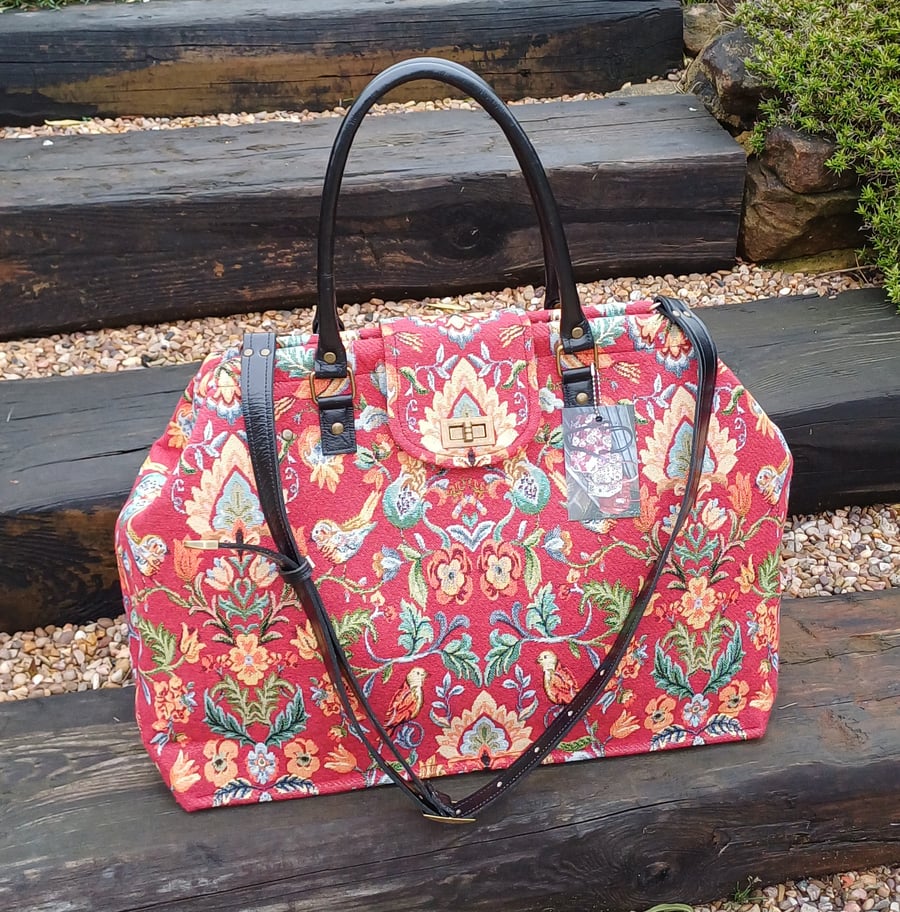 Mary Poppins carpet bag Red William Morris style tapestry bag overnight bag 