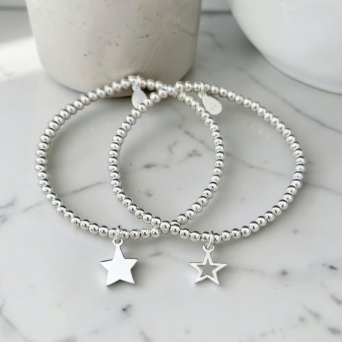 Sterling Silver Star Charm Stretch Bracelet Set 925