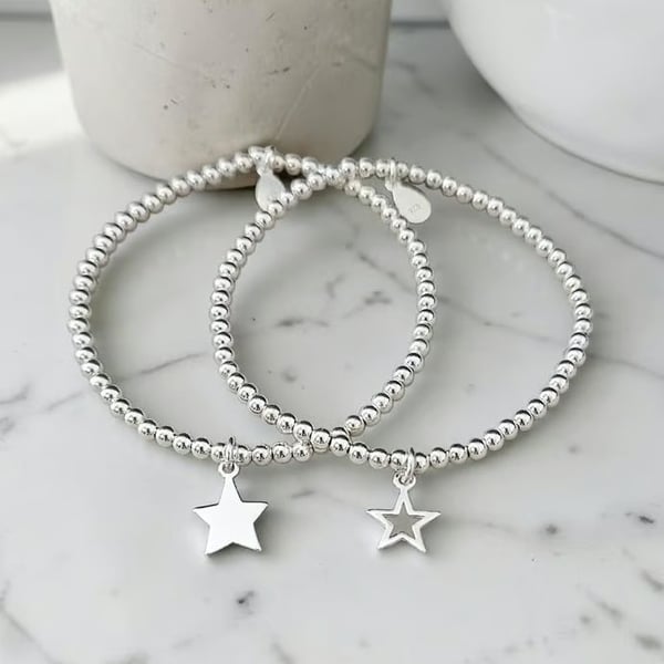 Sterling Silver Star Charm Stretch Bracelet 925