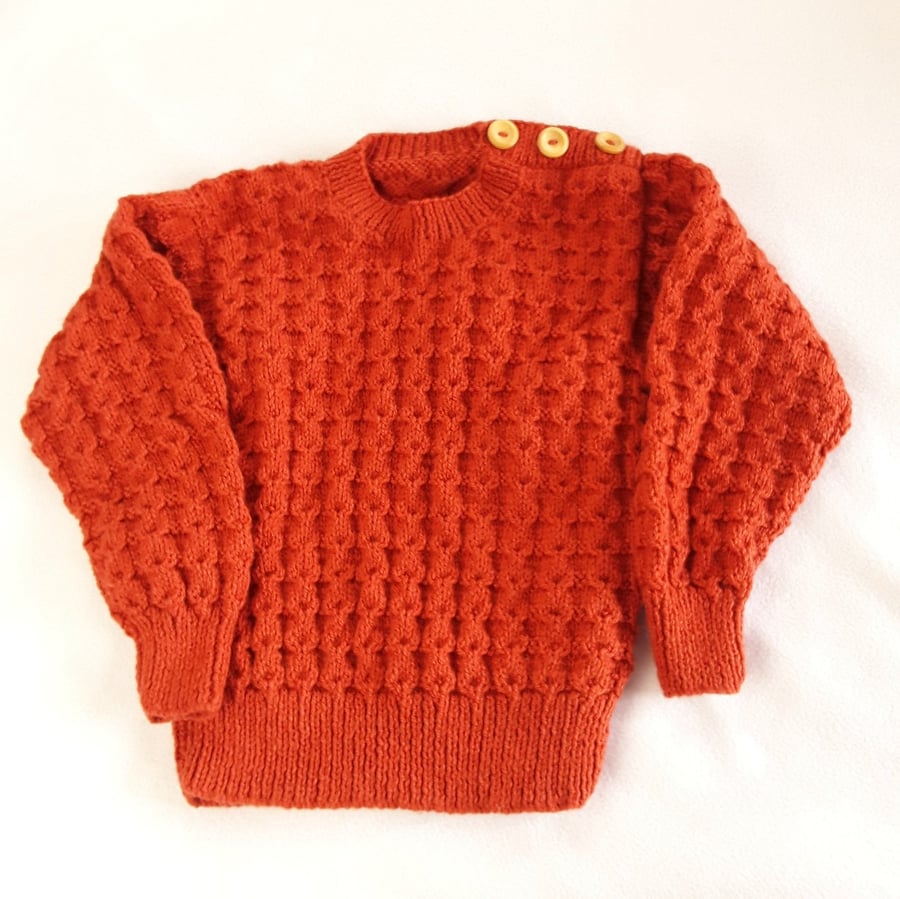 Hand knitted classic round neck jumper fox brown cable pattern 26 inch 