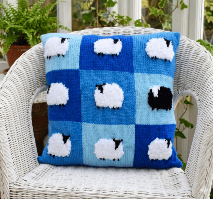 Sheep Cushion Knitting Pattern in Patchwork.  Digital Pattern