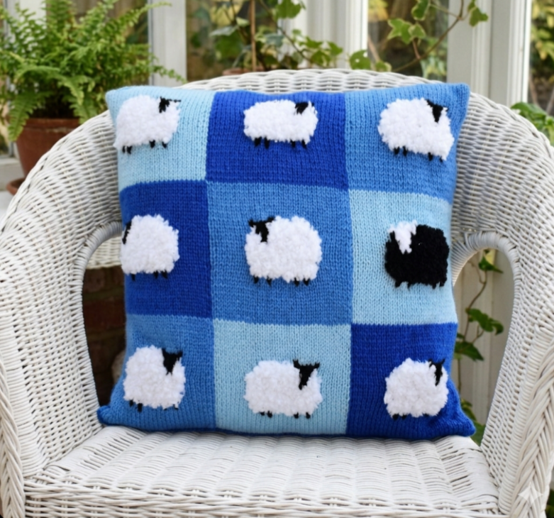 Sheep Cushion Knitting Pattern in Patchwork.  Digital Pattern