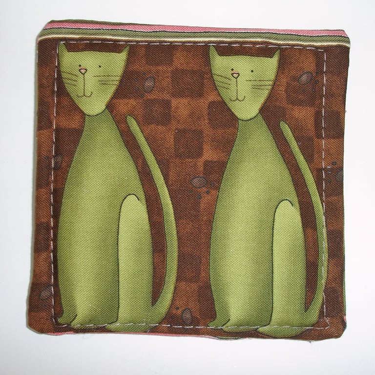 Cat Coasters Pair of Coffee Drinking Cats Mug Rug Green Brown