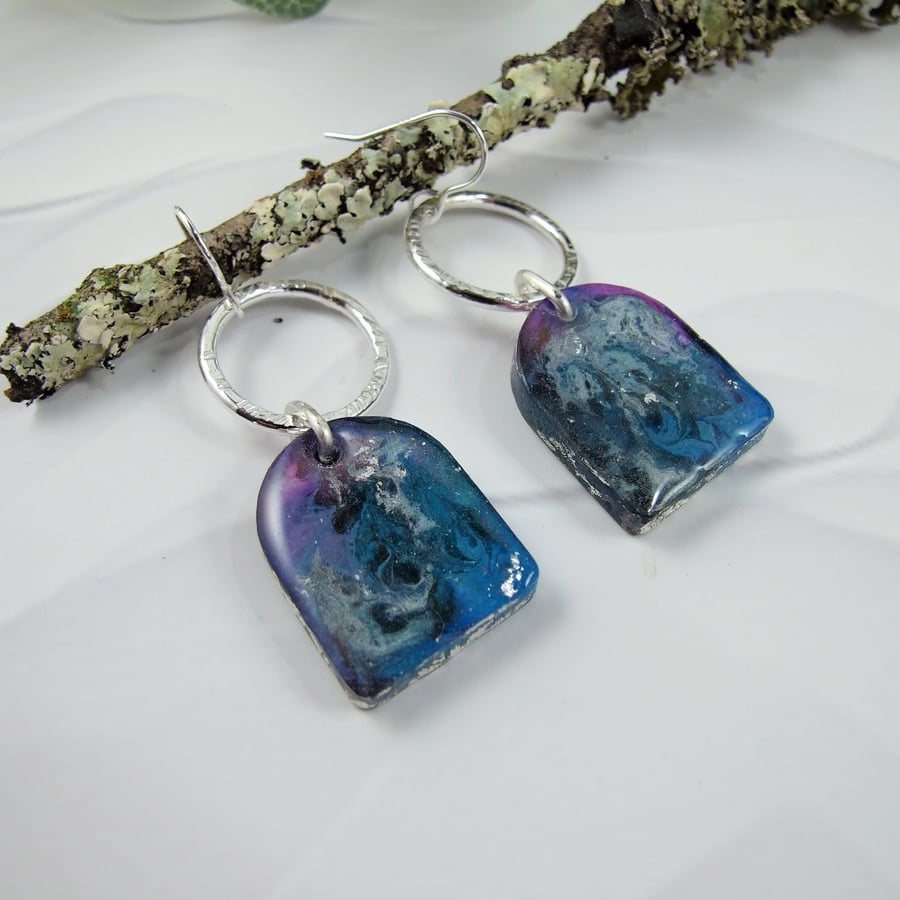 Earrings, Sterling Silver and Resin Art. Blue and Purple
