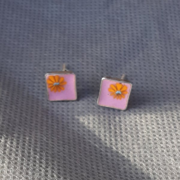 STERLING SILVER SQUARE ENAMELLED 8MM STUD EARRINGS 