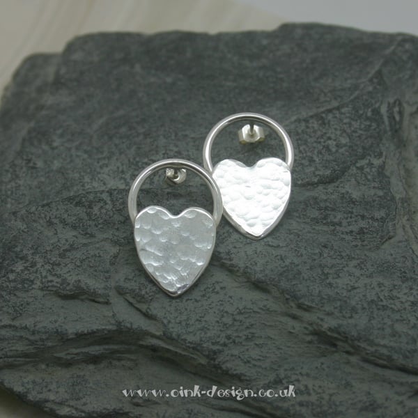  Sterling silver heart and circle stud earrings