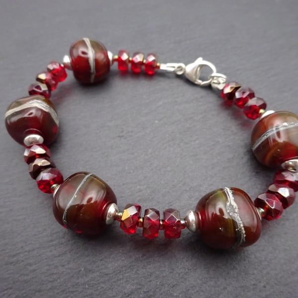 red lampwork glass bracelet, sterling silver