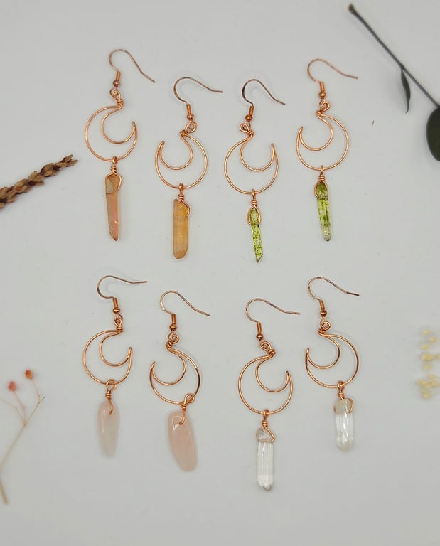 Handmade Copper Rose Gold Crescent Moon Earrings with Colourful Quartz Points