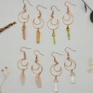 Handmade Copper Rose Gold Crescent Moon Earrings with Colourful Quartz Points