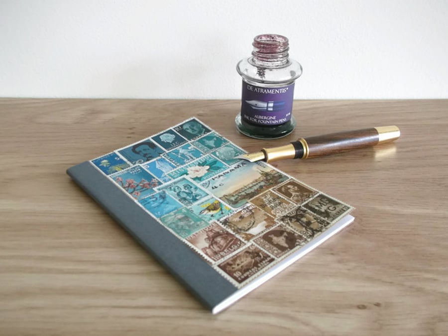 A6 Notebook, Turquoise Brown Upcycled Travel Journal - Postage Stamp Collage Art