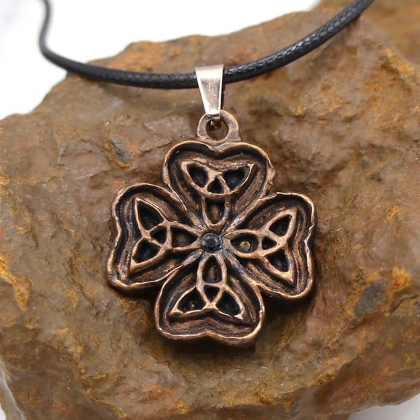 Copper Celtic Four Leaf Clover and Black Spinel Gemstone Pendant Necklace