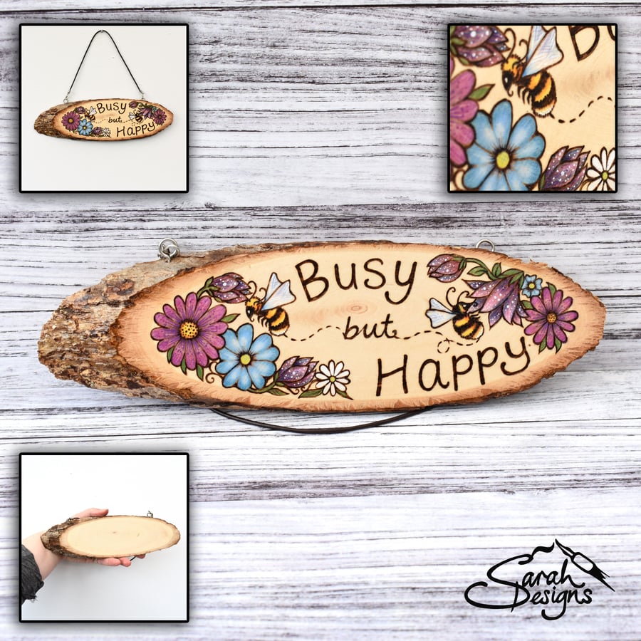 Pyrography Busy but Happy hanging plaque. Original artwork, bees.