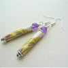 Dangle EARRINGS Hand Rolled Glazed Yellow Paper Tube Purple Agate    KCJ3672