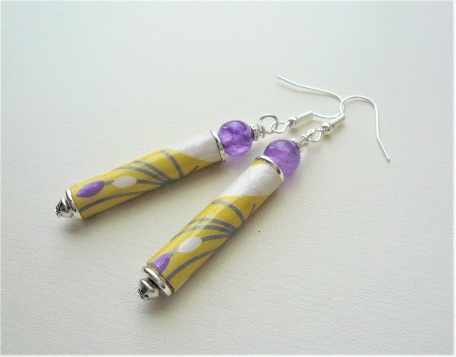 Dangle EARRINGS Hand Rolled Glazed Yellow Paper Tube Purple Agate    KCJ3672