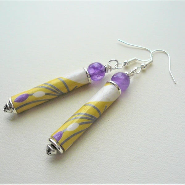 Dangle EARRINGS Hand Rolled Glazed Yellow Paper Tube Purple Agate    KCJ3672