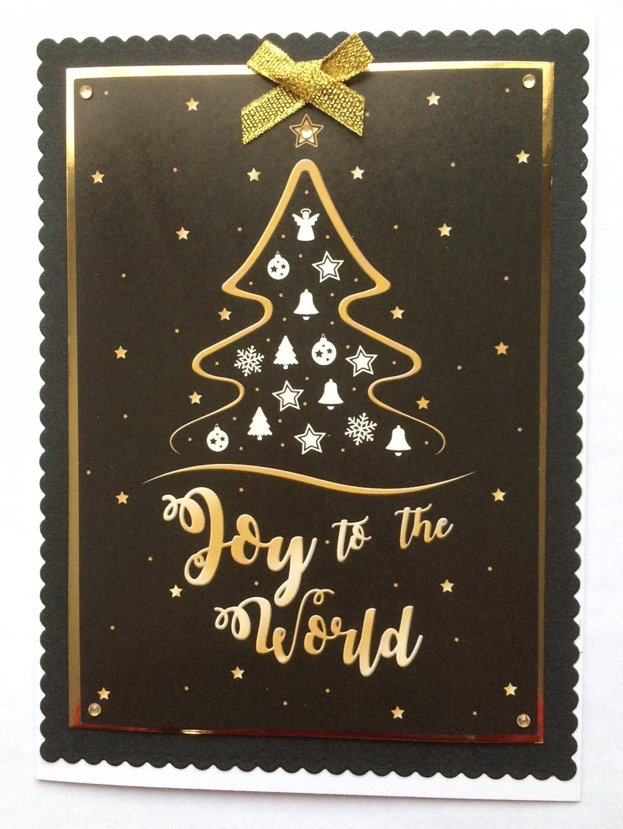 Handmade Christmas Card Joy to the World Christmas Tree in Gold Black