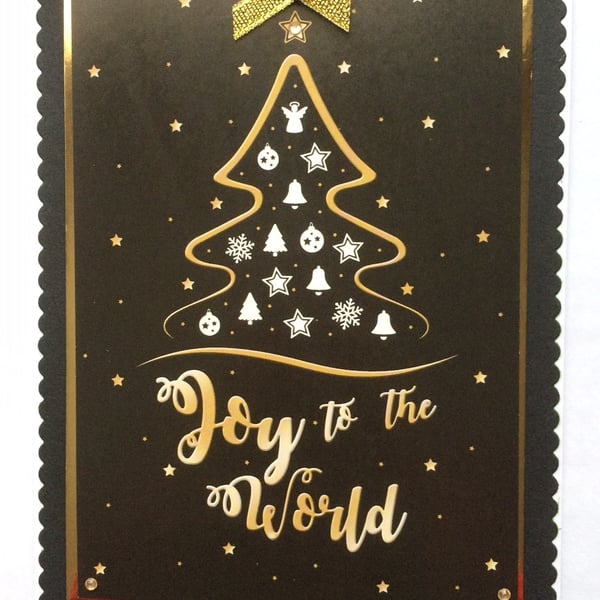 Handmade Christmas Card Joy to the World Christmas Tree in Gold Black