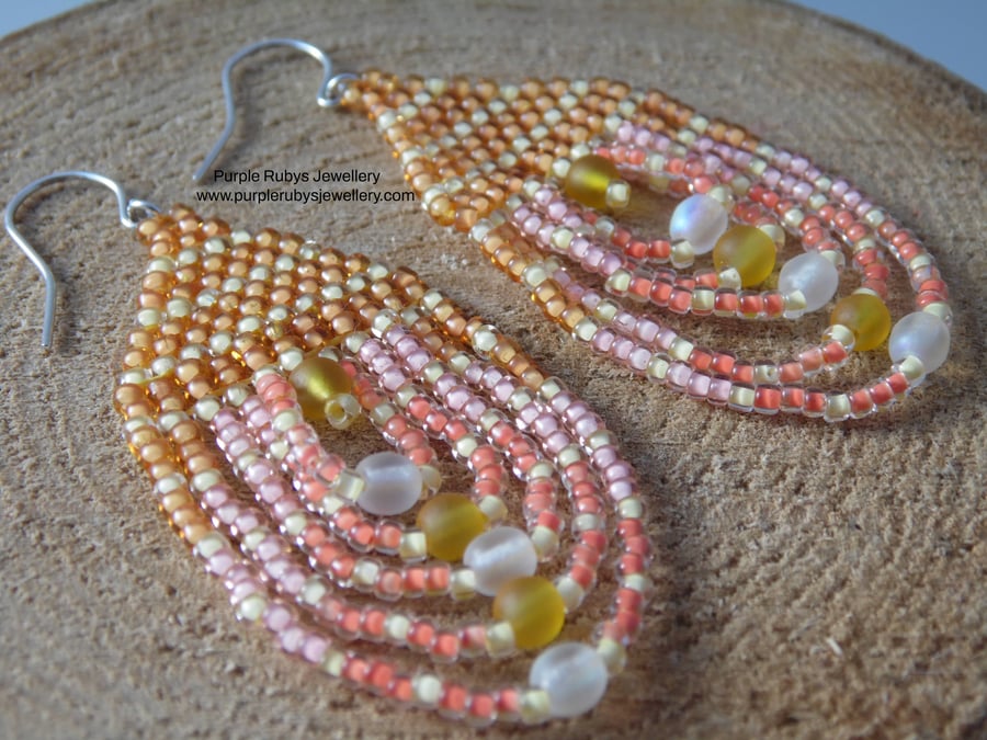 Orange & Peach Beaded Teardrop Earrings E549