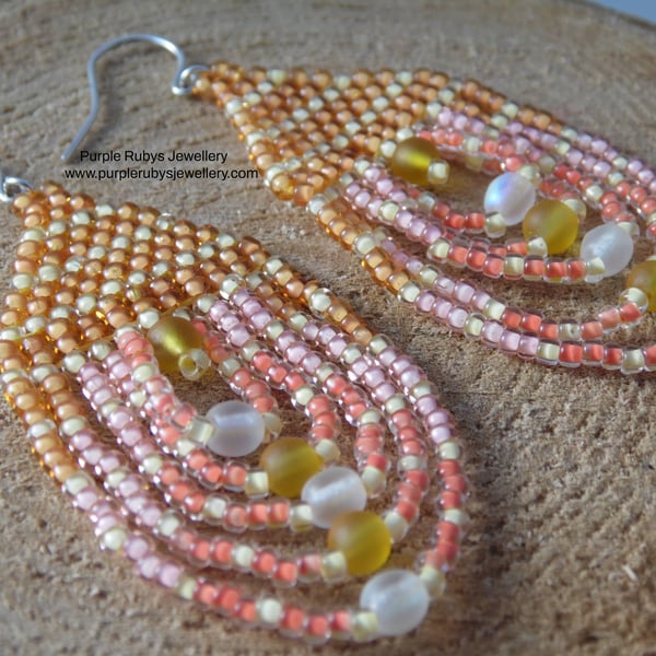 Orange & Peach Beaded Teardrop Earrings E549