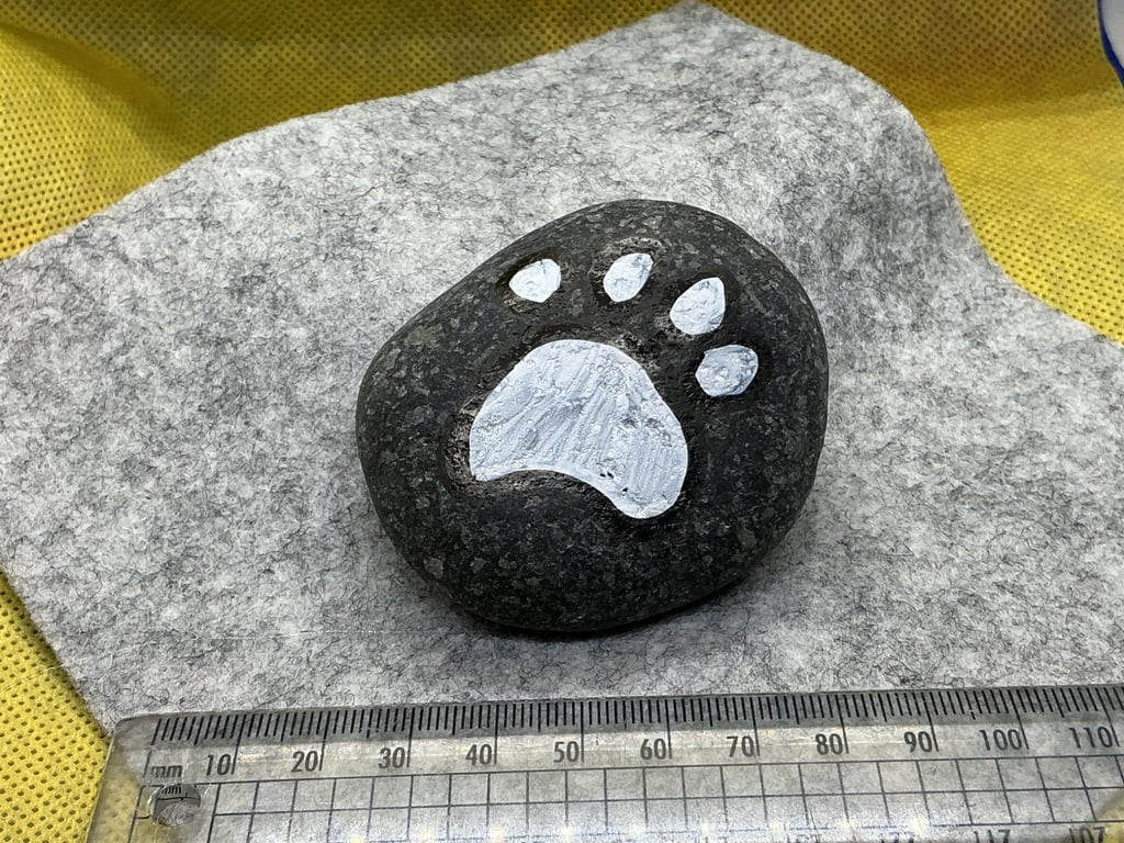 Hand painted pebble with paw print design