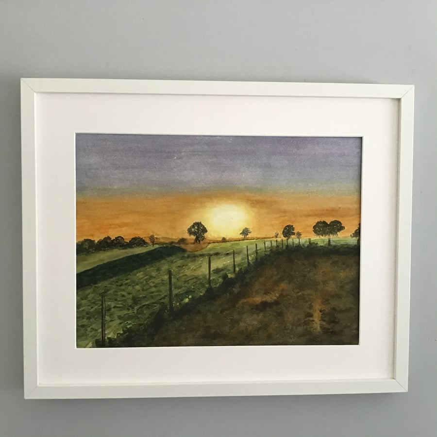 Sunset Over Fields - Original Watercolour Painting