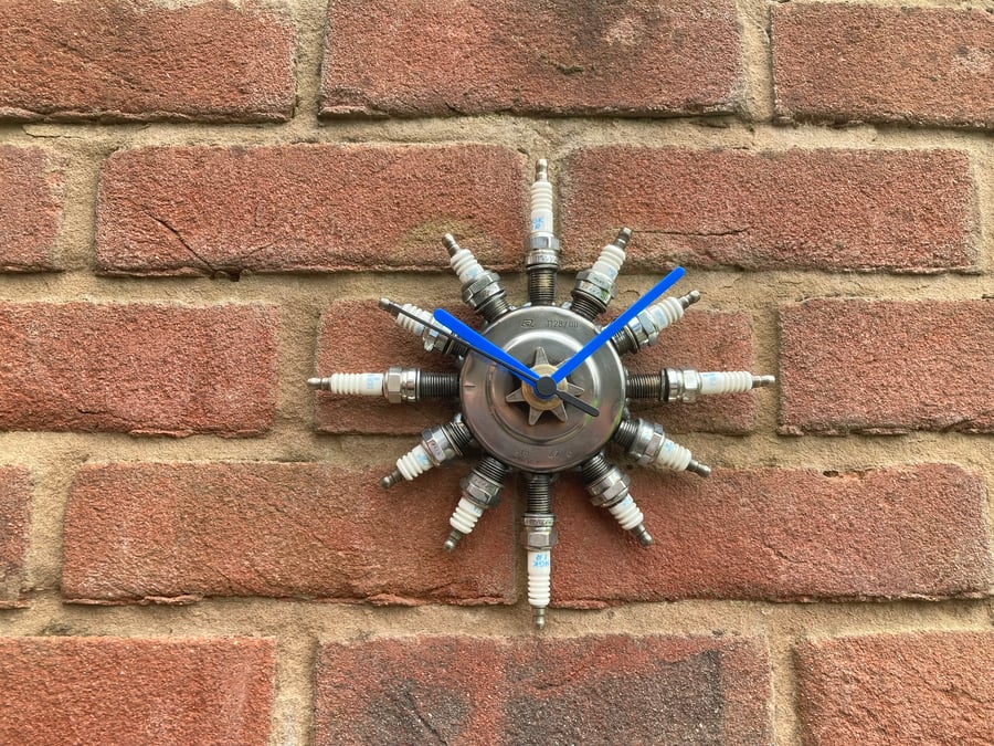 Sunburst Wall Clock, Upcycled Spark Plugs
