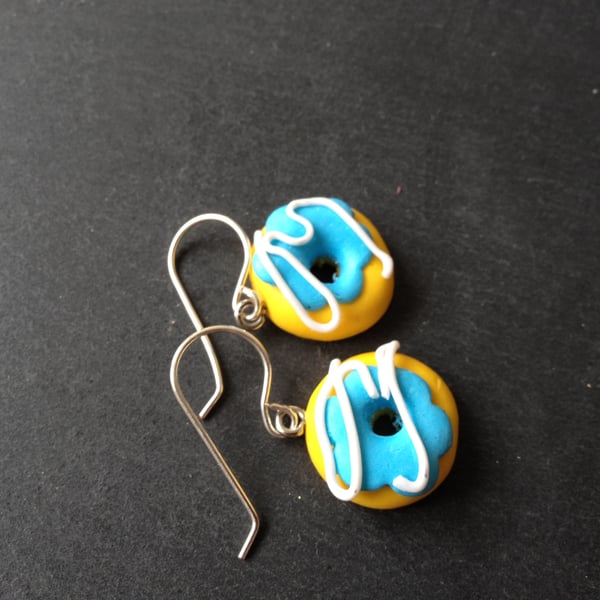 Kitsch Polymer Clay Donut Earrings - Turquoise Blue with White Piping