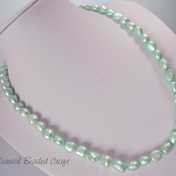 Green  Freshwater Pearl & Silver  Necklace.-Handmade in Cornwall - FREE UK P&P