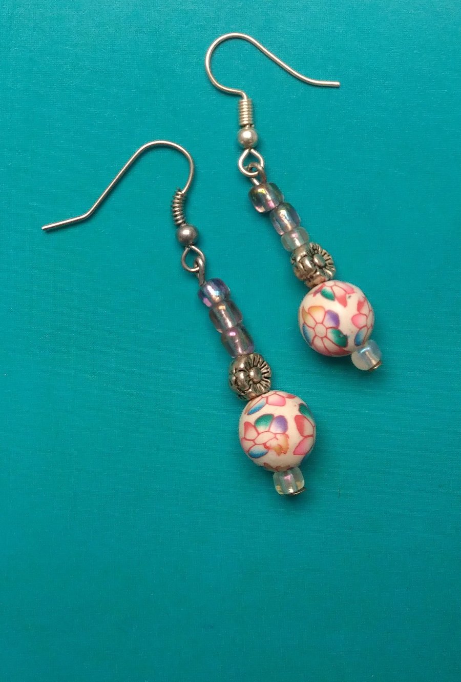 Floral Polymer Clay and Tiny Glass Earrings