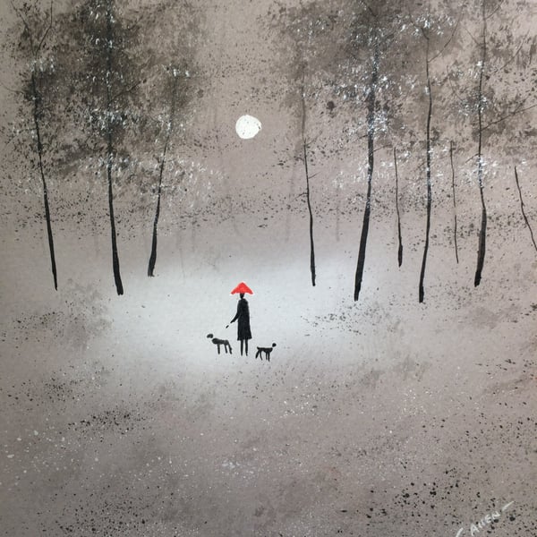 Original Watercolour " Red Umbrella " by Stephen Allen