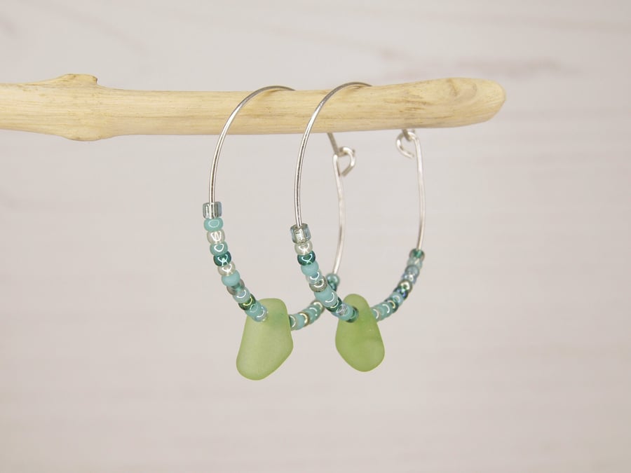 Cornish Sea Glass and Turquoise Seed Beads on Sterling Silver 30mm Hoops - Green