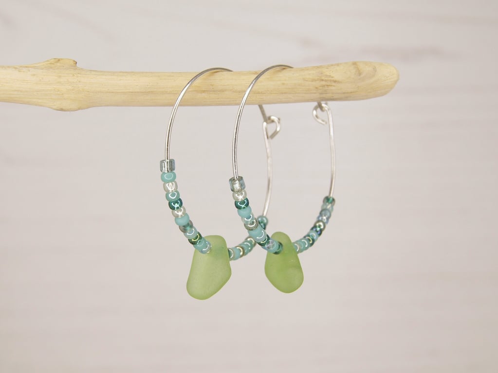 Cornish Sea Glass and Turquoise Seed Beads on Sterling Silver 30mm Hoops - Green
