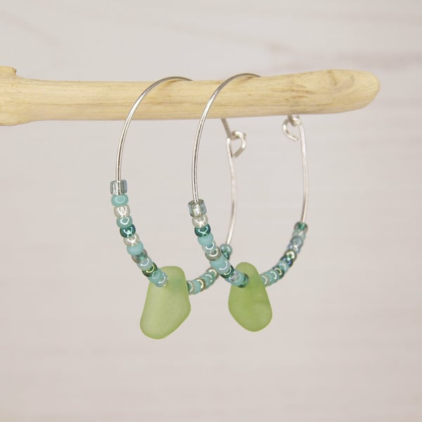 Cornish Sea Glass and Turquoise Seed Beads on Sterling Silver 30mm Hoops - Green