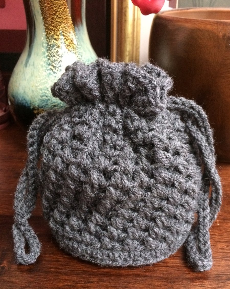 Hand Crocheted Dark Grey Drawstring Bag Handbag by Poppy Kay