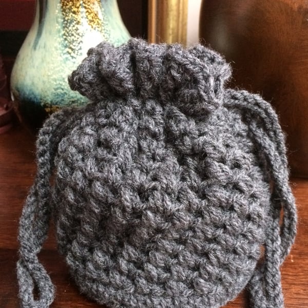 Hand Crocheted Dark Grey Drawstring Bag Handbag by Poppy Kay